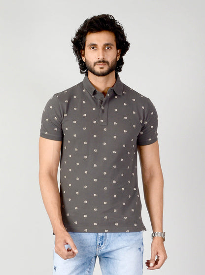 Charcoal Grey Printed Slim Fit Polo T-shirt | JB Sport