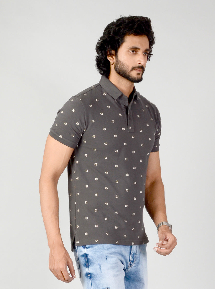 Charcoal Grey Printed Slim Fit Polo T-shirt | JB Sport