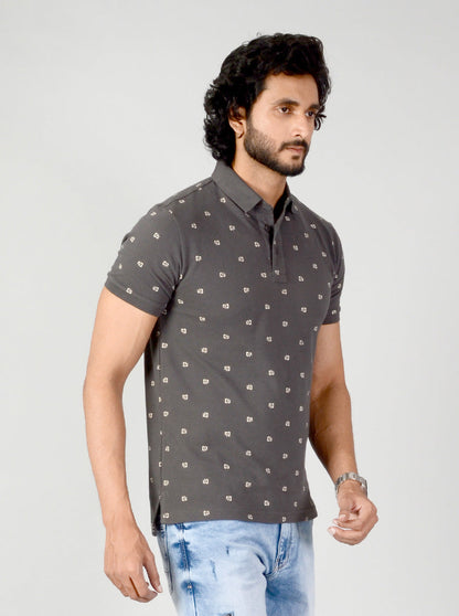 Charcoal Grey Printed Slim Fit Polo T-shirt | JB Sport