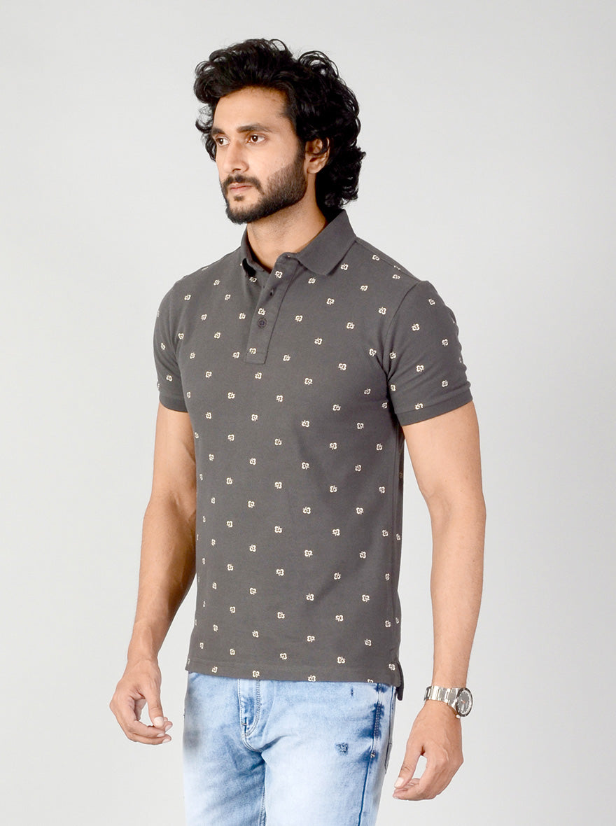 Charcoal Grey Printed Slim Fit Polo T-shirt | JB Sport