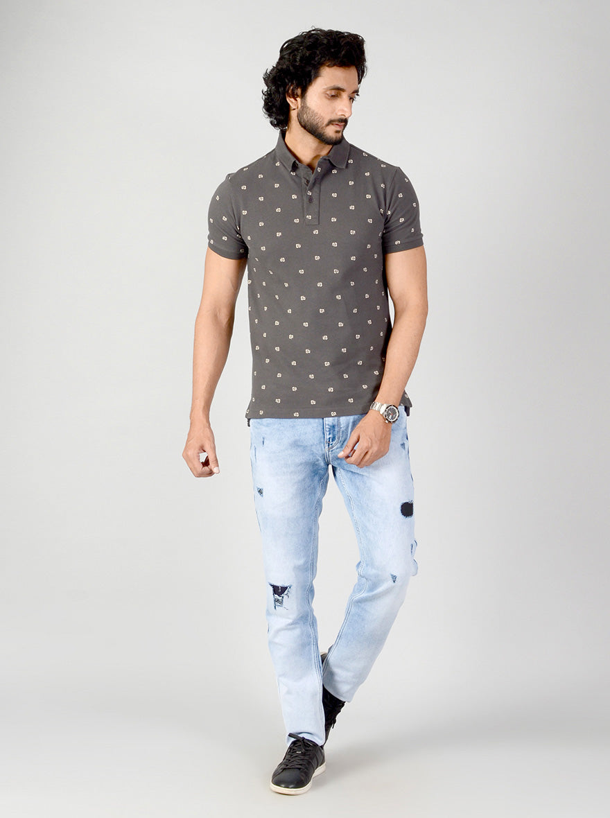 Charcoal Grey Printed Slim Fit Polo T-shirt | JB Sport