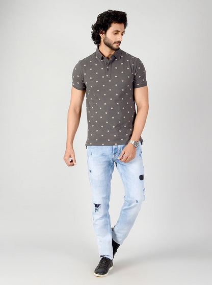 Charcoal Grey Printed Slim Fit Polo T-shirt | JB Sport