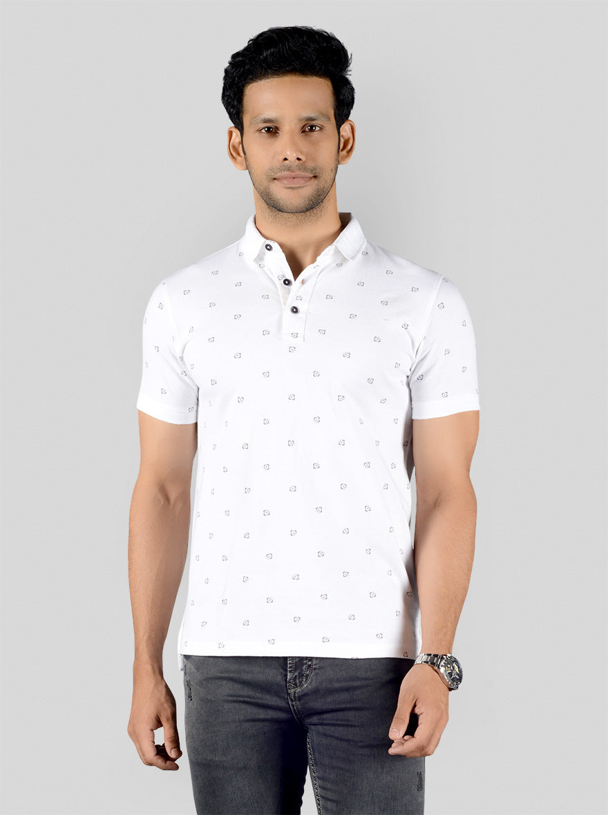 White Printed Slim Fit Polo T-shirt | JB Sport