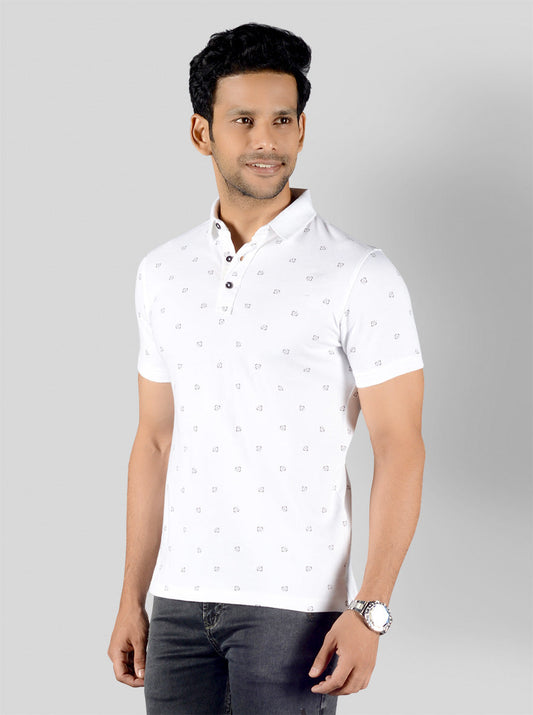 White Printed Slim Fit Polo T-shirt | JB Sport