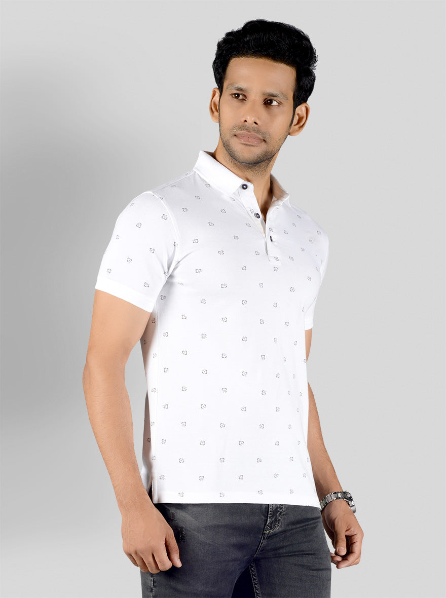 White Printed Slim Fit Polo T-shirt | JB Sport