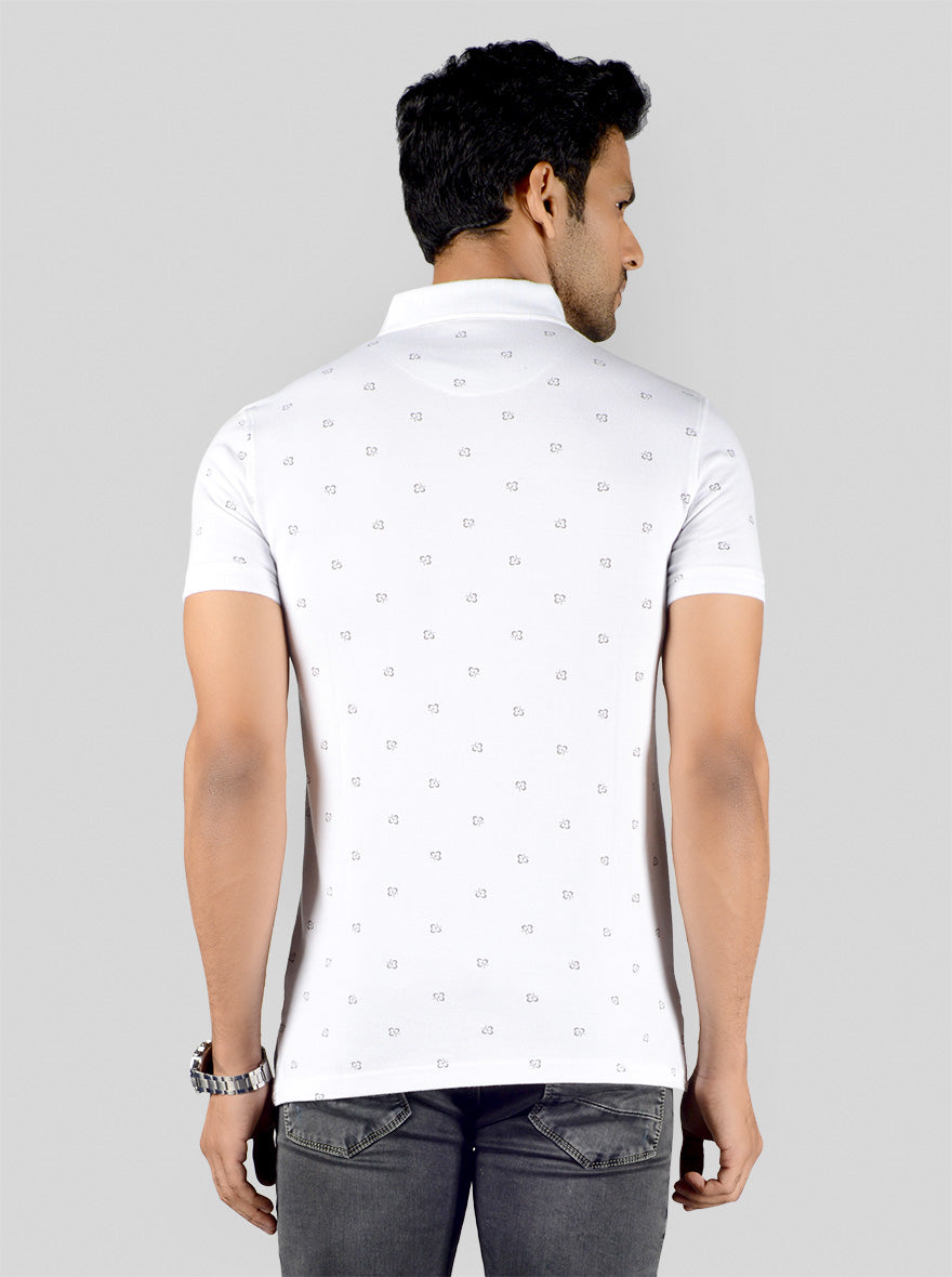 White Printed Slim Fit Polo T-shirt | JB Sport