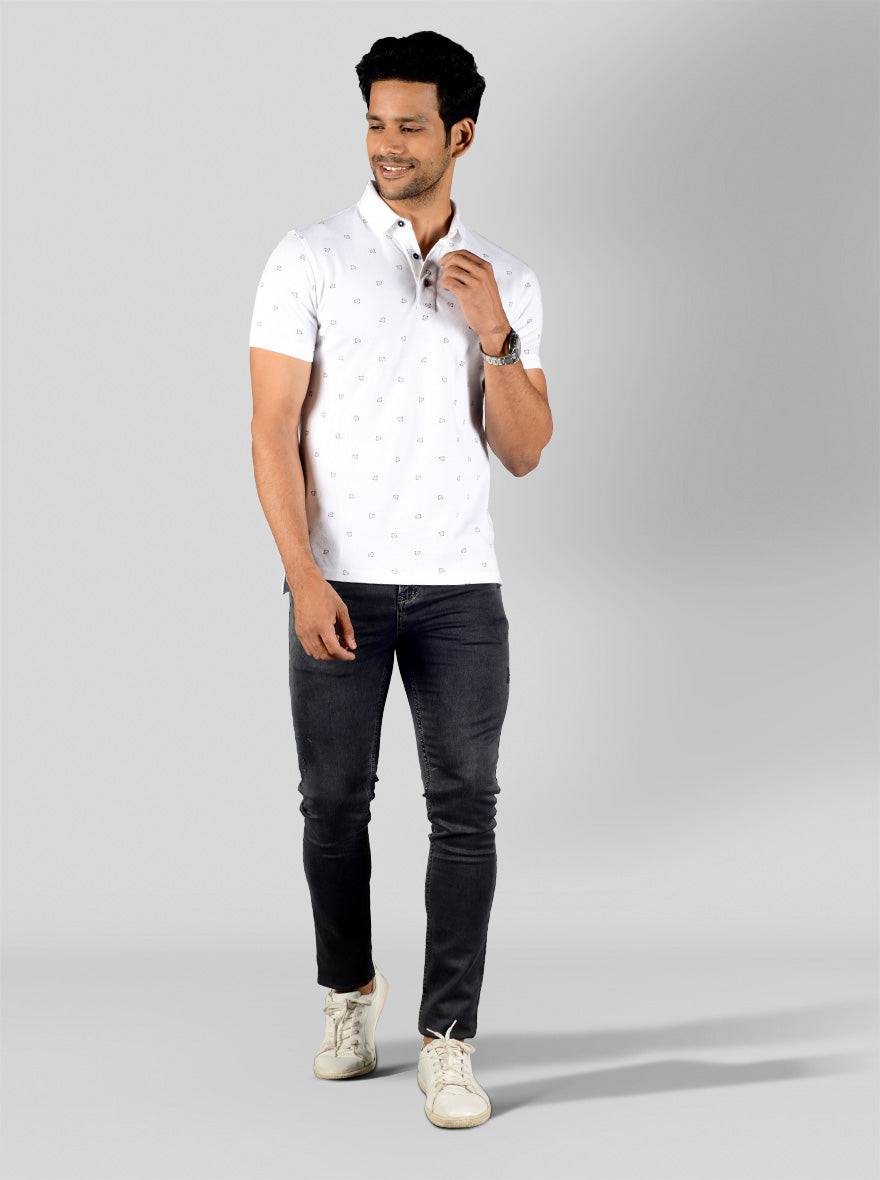 White Printed Slim Fit Polo T-shirt | JB Sport