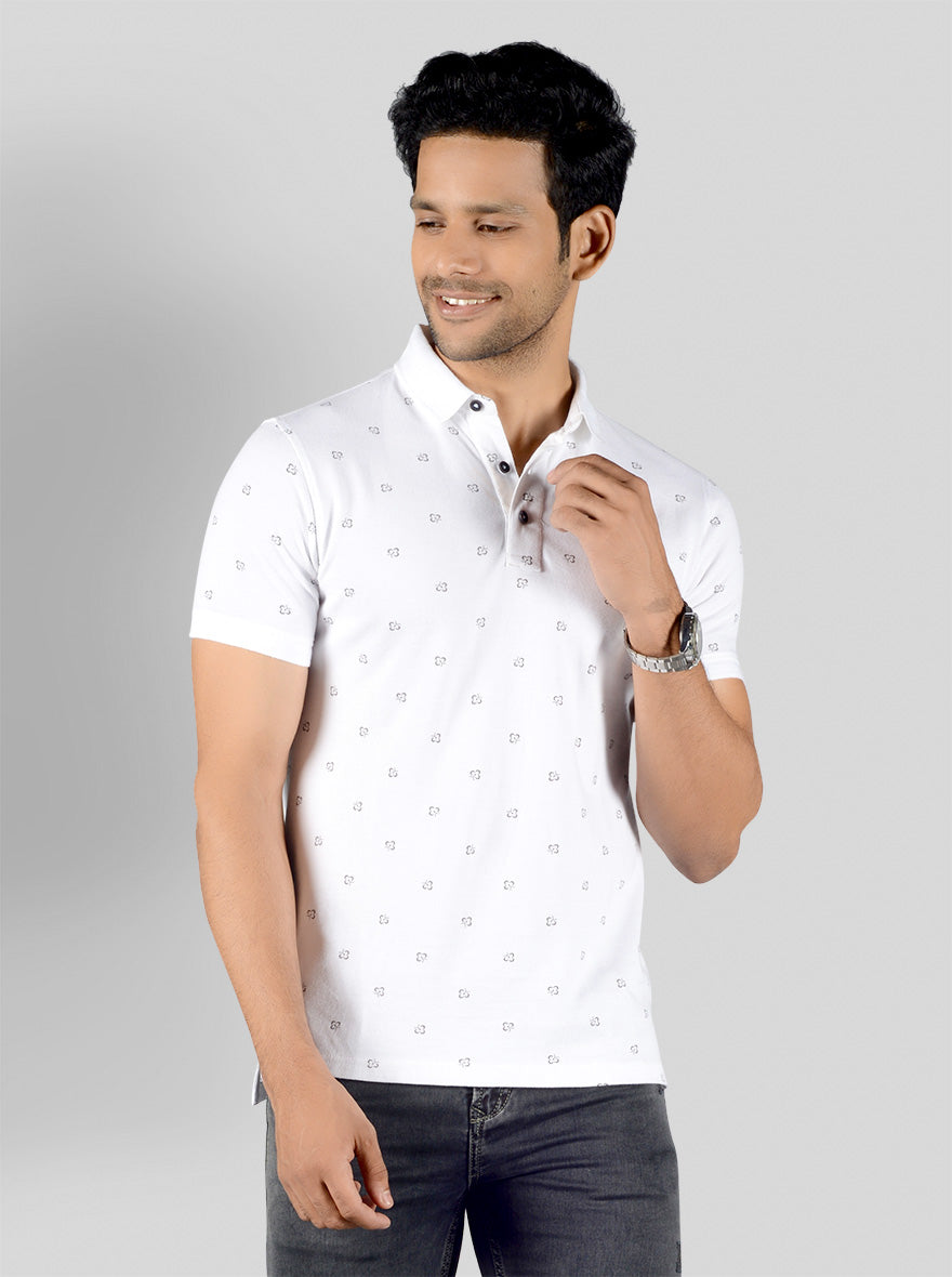 White Printed Slim Fit Polo T-shirt | JB Sport