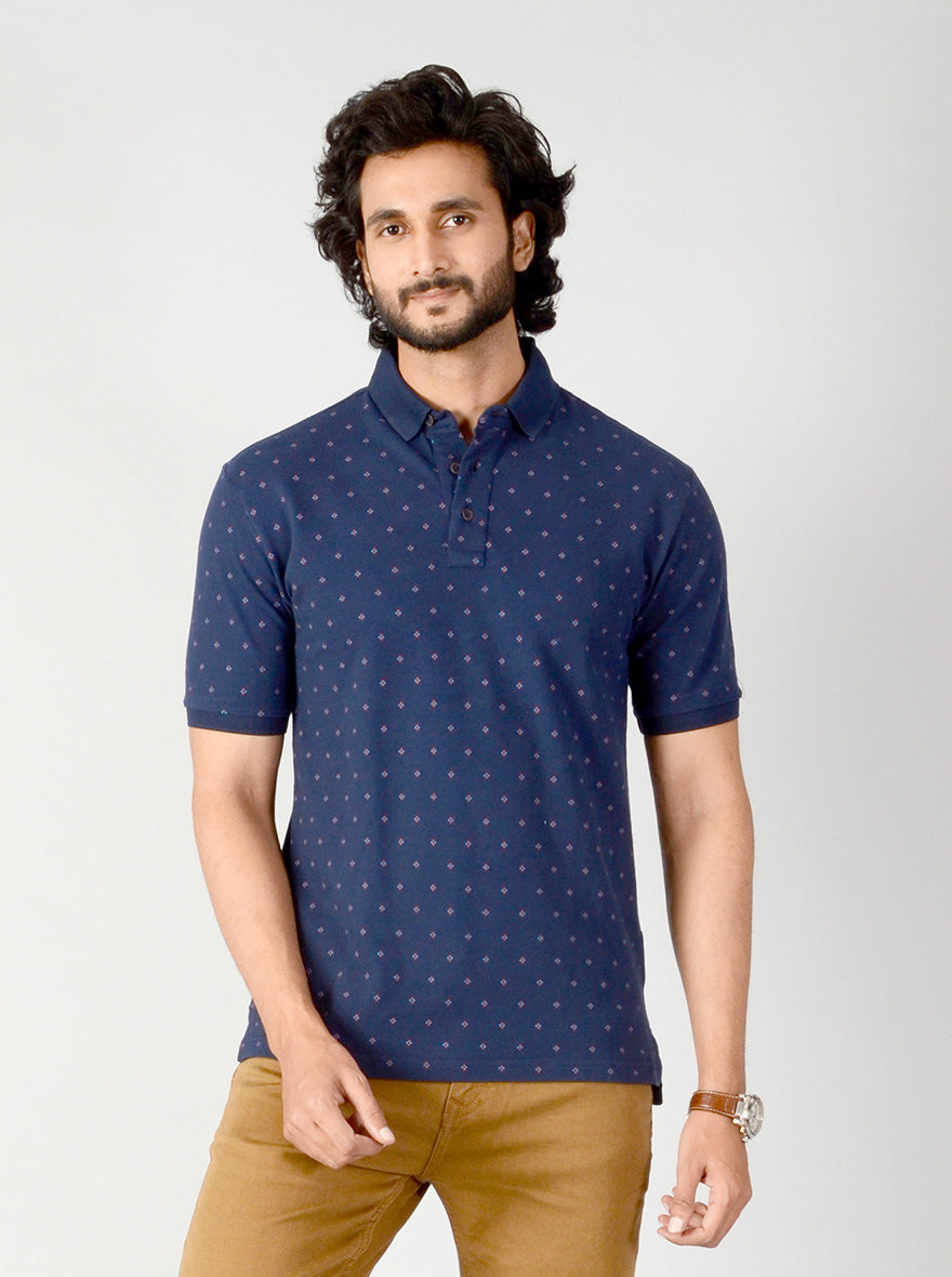 Dark Blue Dotted Slim Fit Polo T-shirt | JB Sport