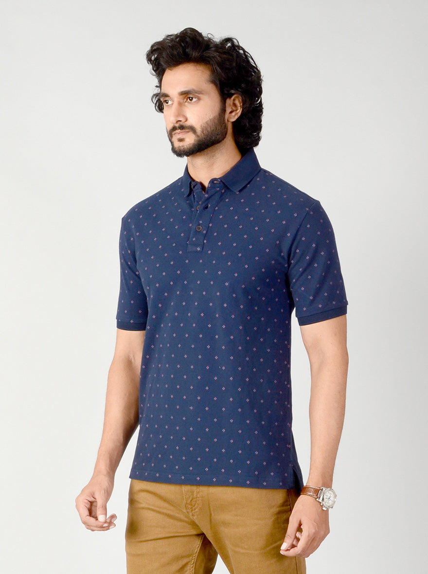 Dark Blue Dotted Slim Fit Polo T-shirt | JB Sport
