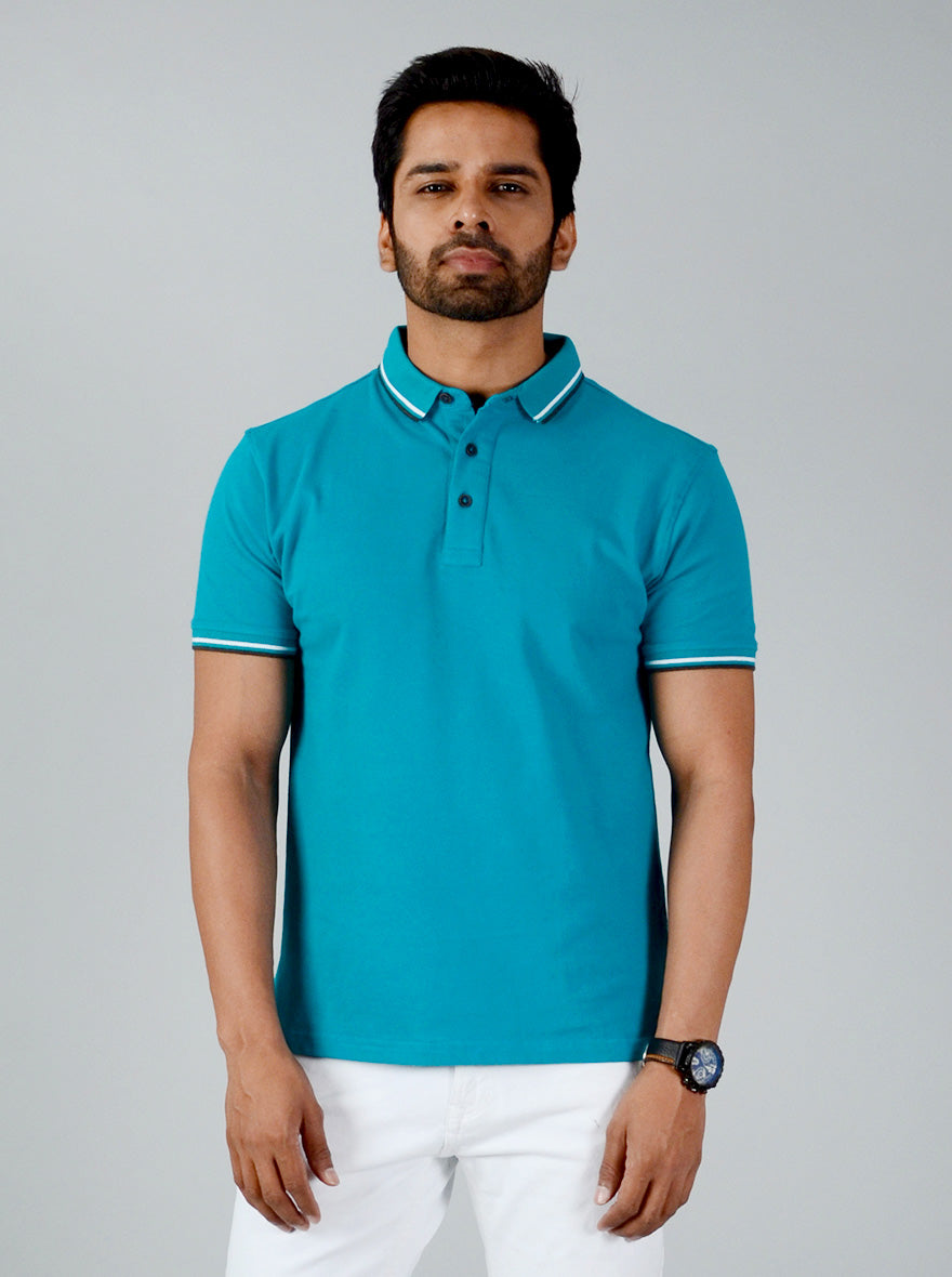 Electric Blue Solid Slim Fit Polo T-shirt | JB Sport