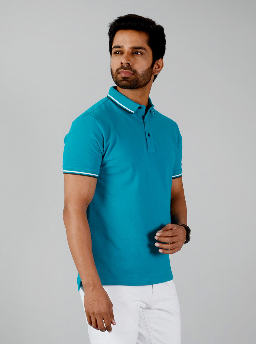 Electric Blue Solid Slim Fit Polo T-shirt | JB Sport