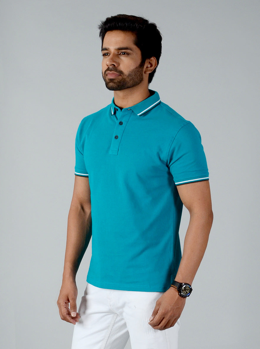 Electric Blue Solid Slim Fit Polo T-shirt | JB Sport