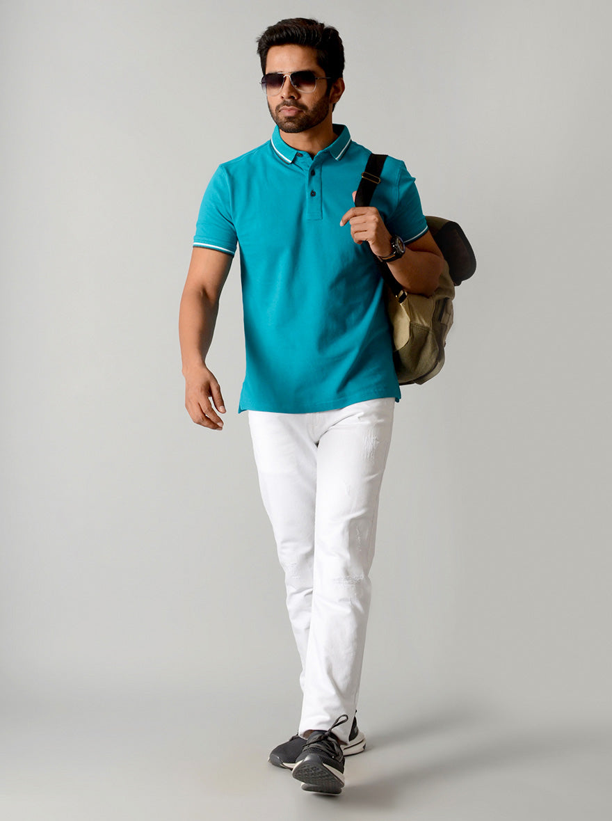 Electric Blue Solid Slim Fit Polo T-shirt | JB Sport