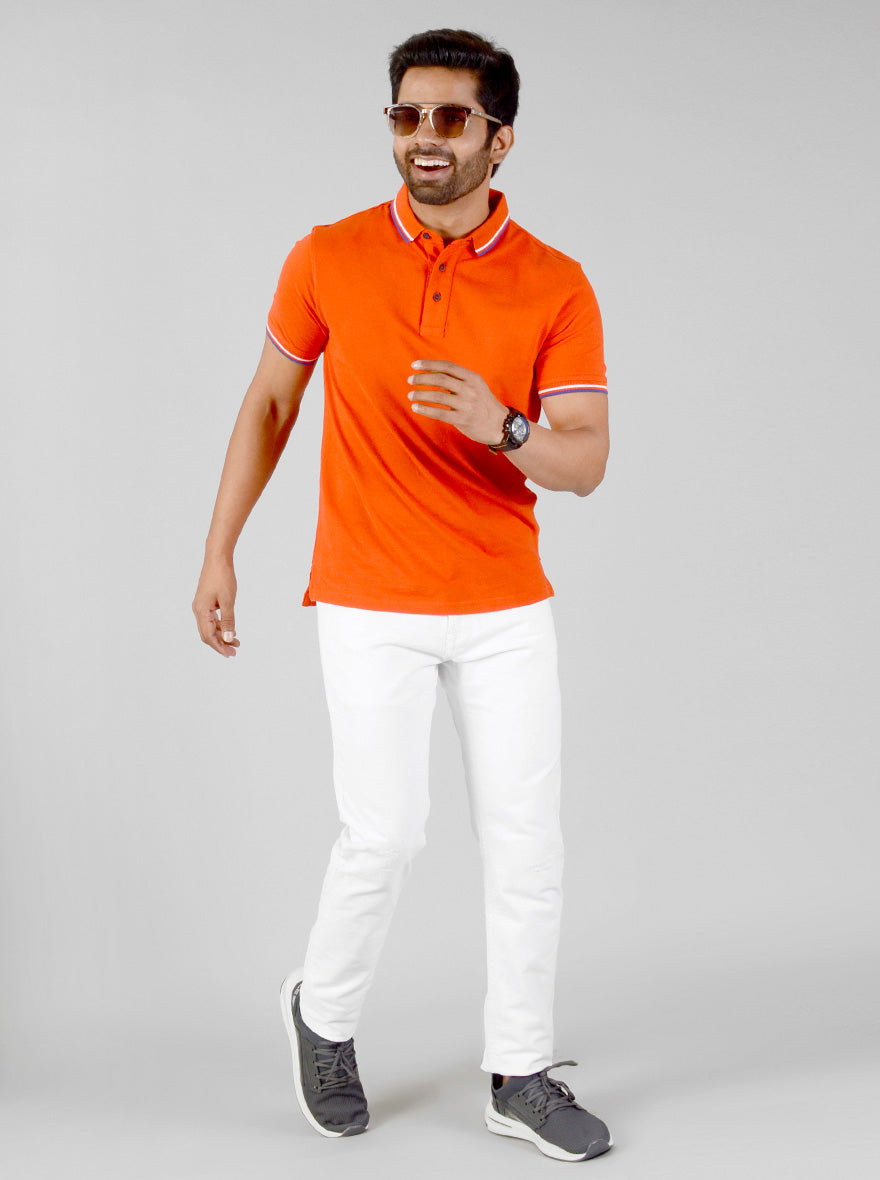 Tangerine Orange Solid Slim Fit Polo T-shirt | JB-Sport