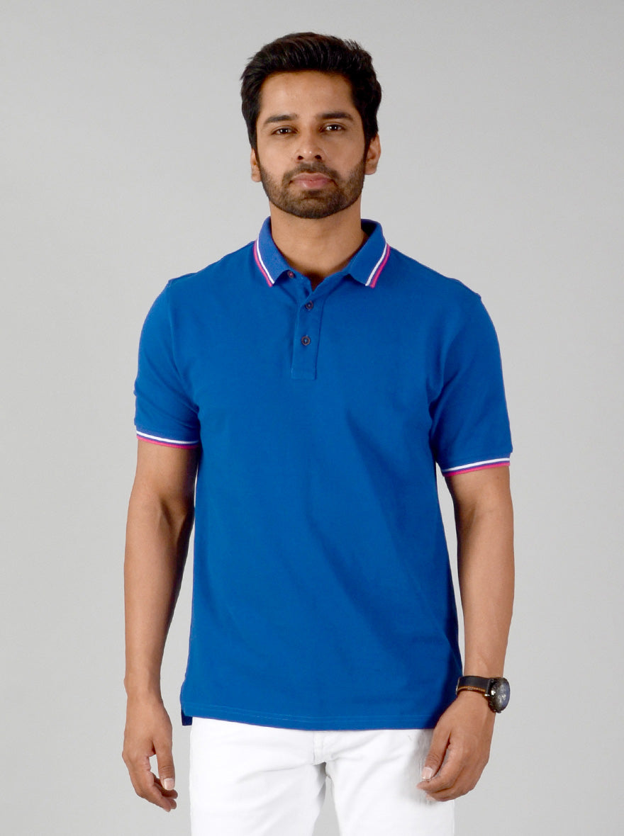 Cobalt Blue Solid Slim Fit Polo T-shirt | JB Sport