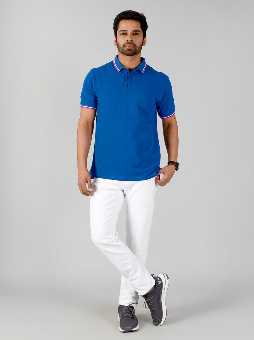 Cobalt Blue Solid Slim Fit Polo T-shirt | JB Sport