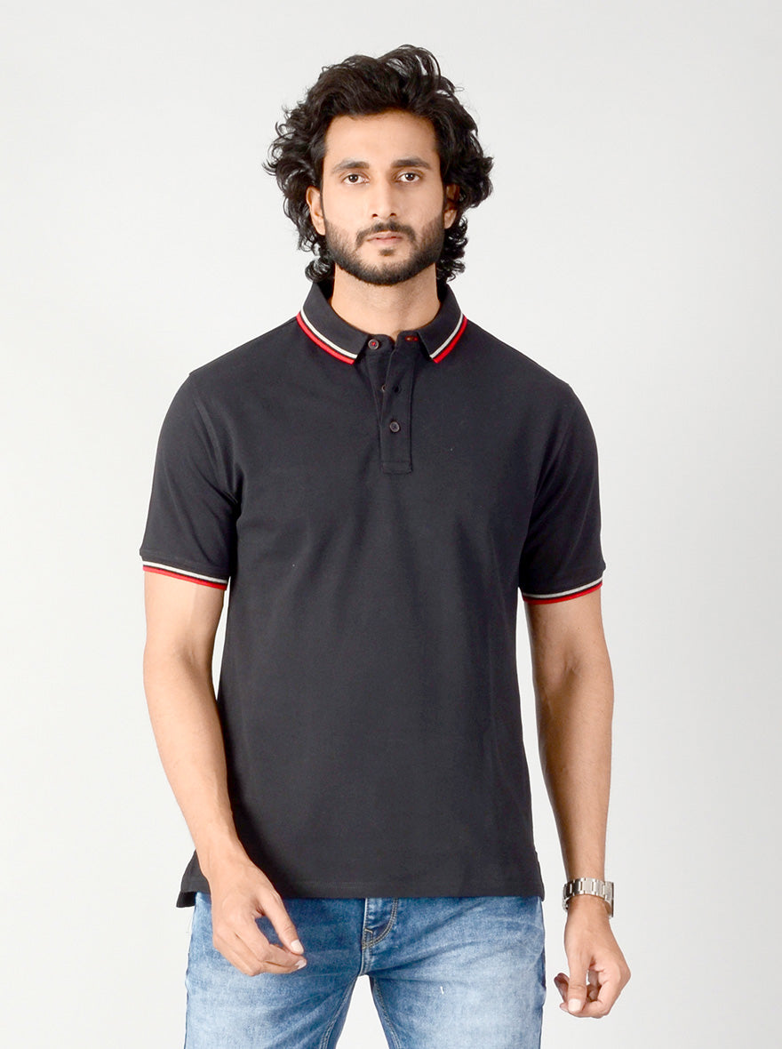 Black Solid Slim Fit Polo T-shirt | JB Sport