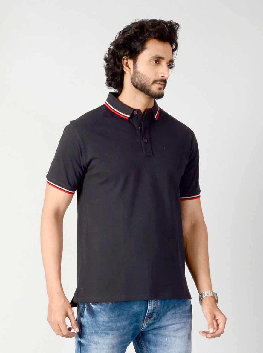 Black Solid Slim Fit Polo T-shirt | JB Sport