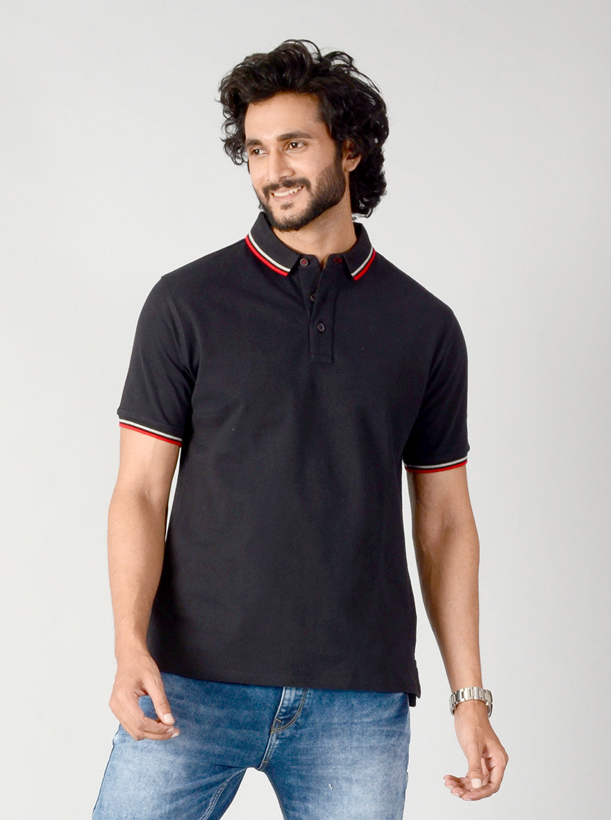 Black Solid Slim Fit Polo T-shirt | JB Sport