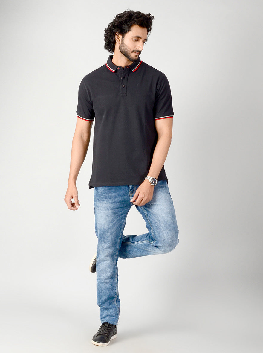 Black Solid Slim Fit Polo T-shirt | JB Sport