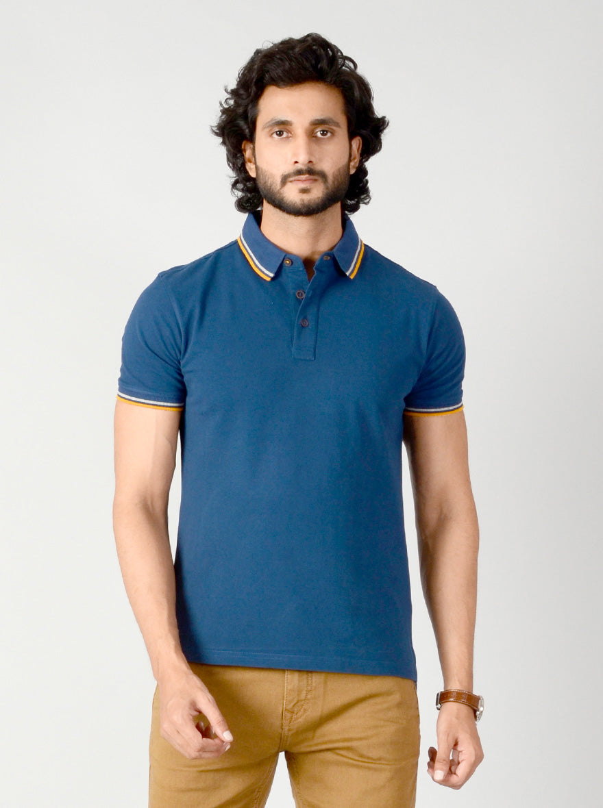 Indigo Blue Solid Slim Fit Polo T-shirt | JB Sport