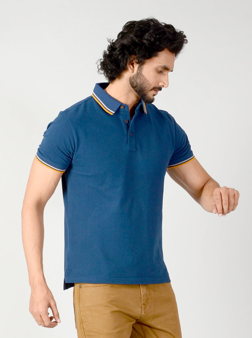 Indigo Blue Solid Slim Fit Polo T-shirt | JB Sport