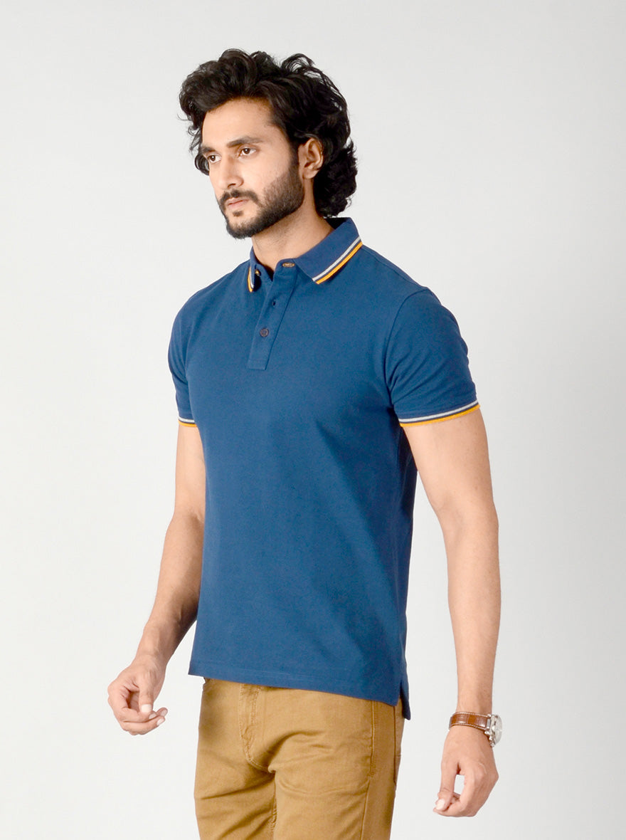 Indigo Blue Solid Slim Fit Polo T-shirt | JB Sport