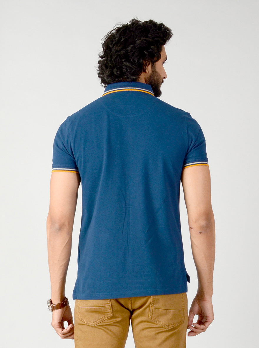 Indigo Blue Solid Slim Fit Polo T-shirt | JB Sport