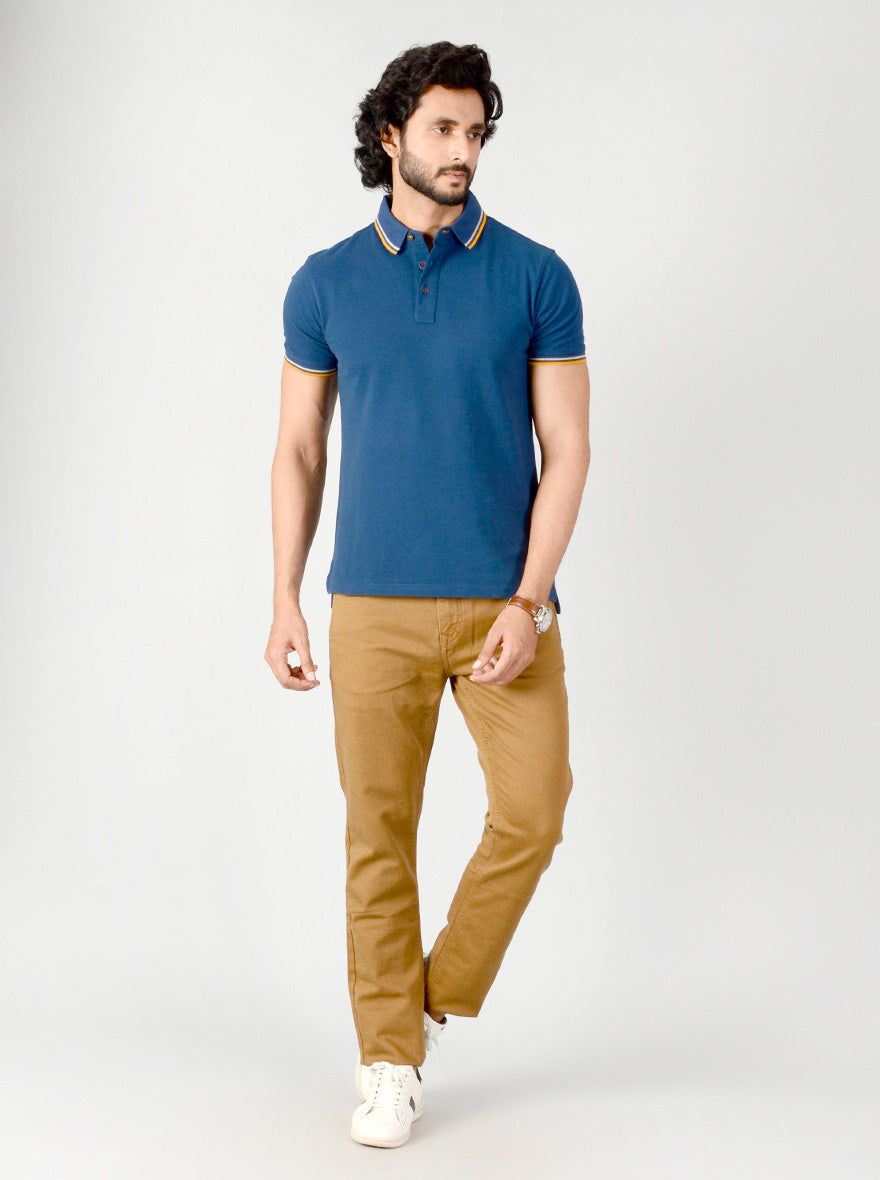 Indigo Blue Solid Slim Fit Polo T-shirt | JB Sport