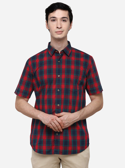 Red & Green Tailored Fit Checked Casual Shirt | JB Sport