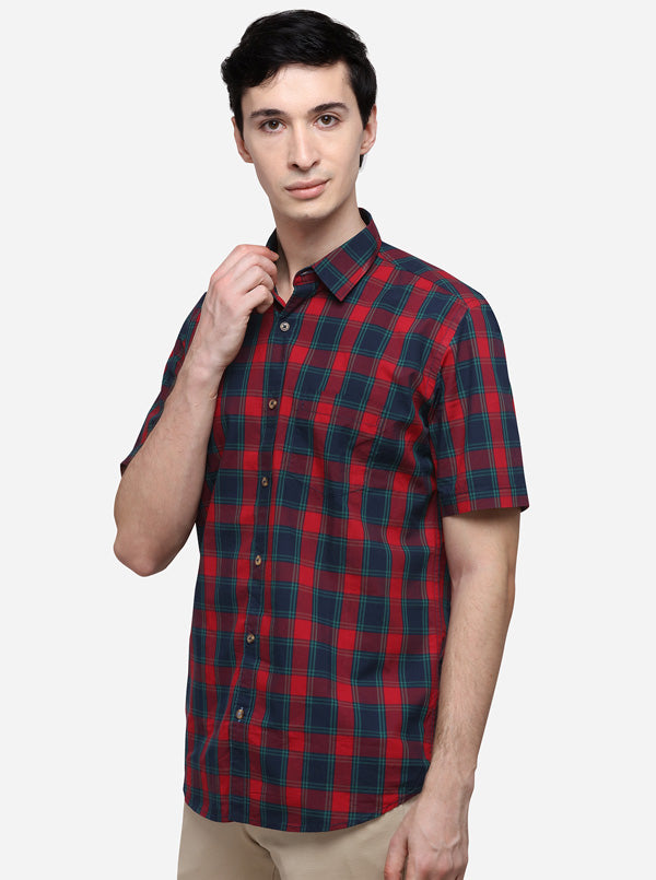 Red & Green Tailored Fit Checked Casual Shirt | JB Sport