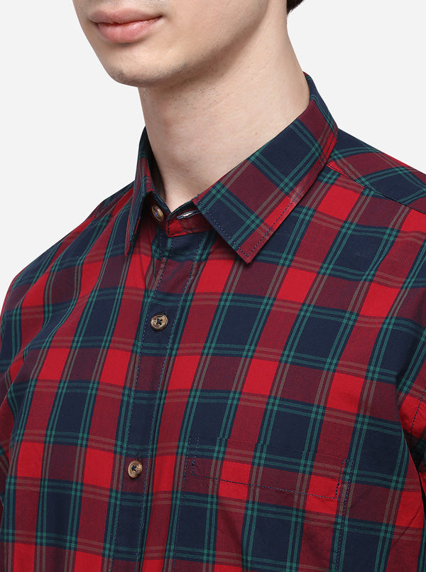 Red & Green Tailored Fit Checked Casual Shirt | JB Sport
