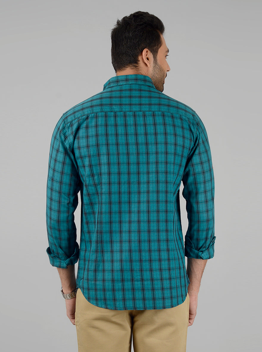 Grass Green Checked Slim Fit Casual Shirt | Greenfibre