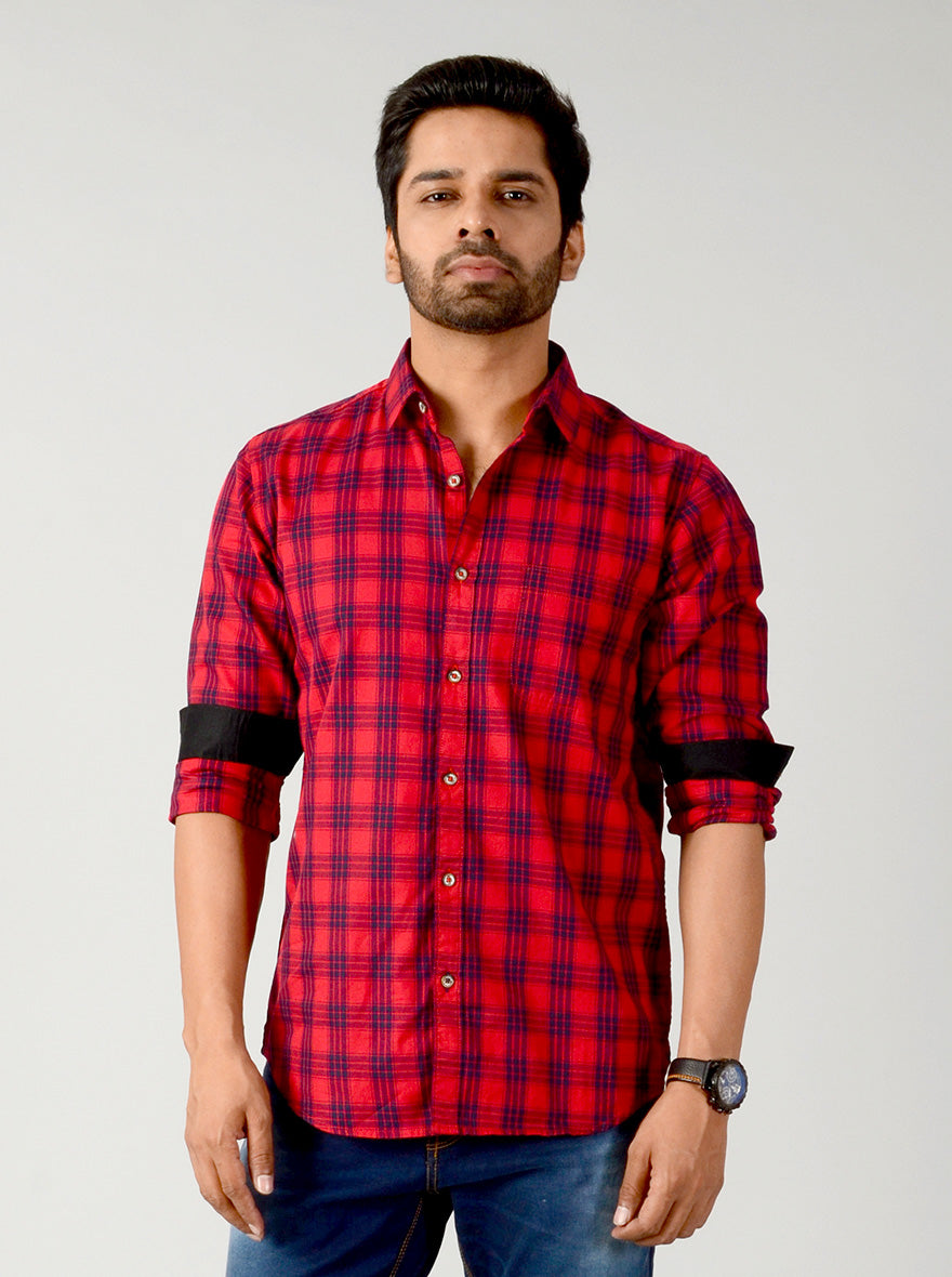 True Red Checked Slim Fit Casual Shirt | JB Sport