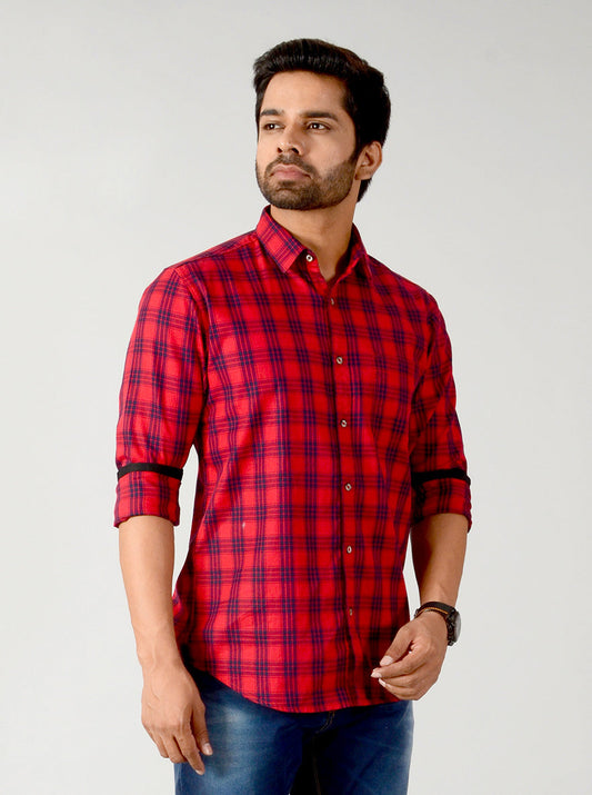 True Red Checked Slim Fit Casual Shirt | JB Sport