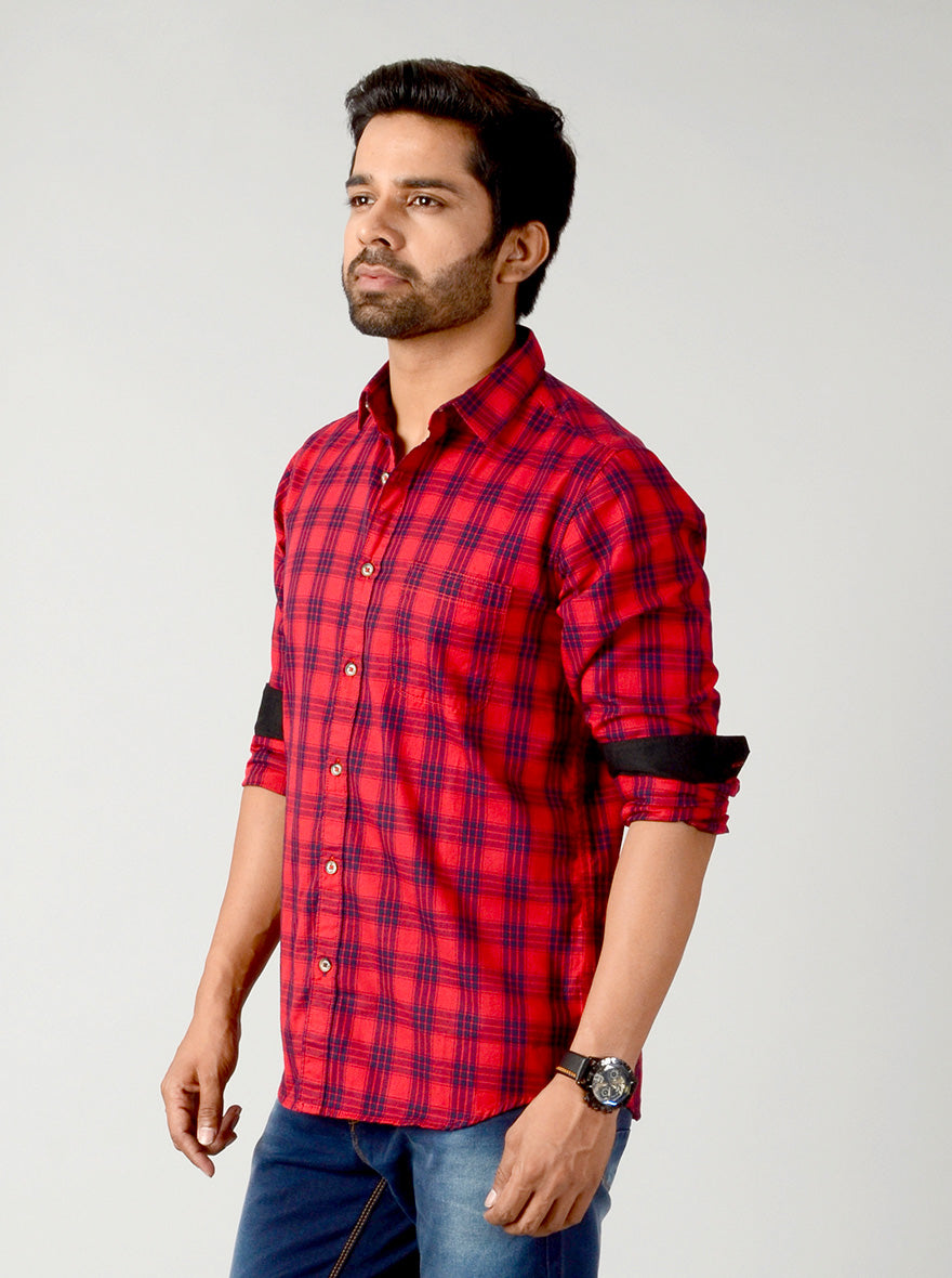 True Red Checked Slim Fit Casual Shirt | JB Sport