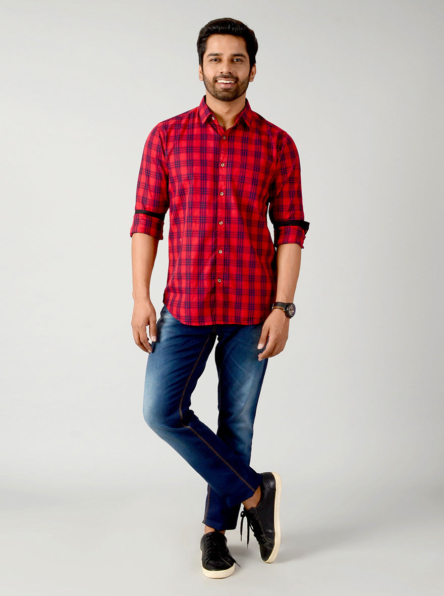 True Red Checked Slim Fit Casual Shirt | JB Sport