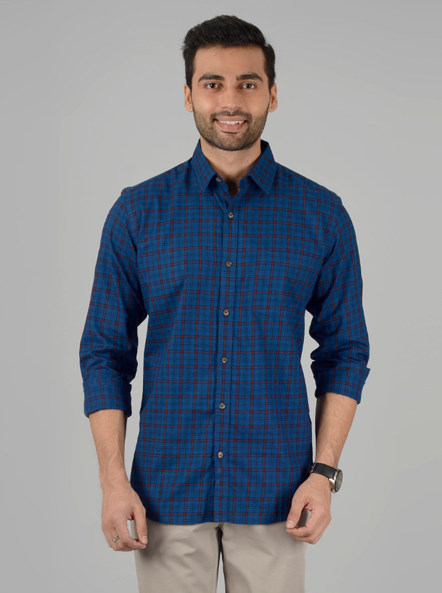 Prussian Blue Checked Slim Fit Casual Shirt | JB Sport