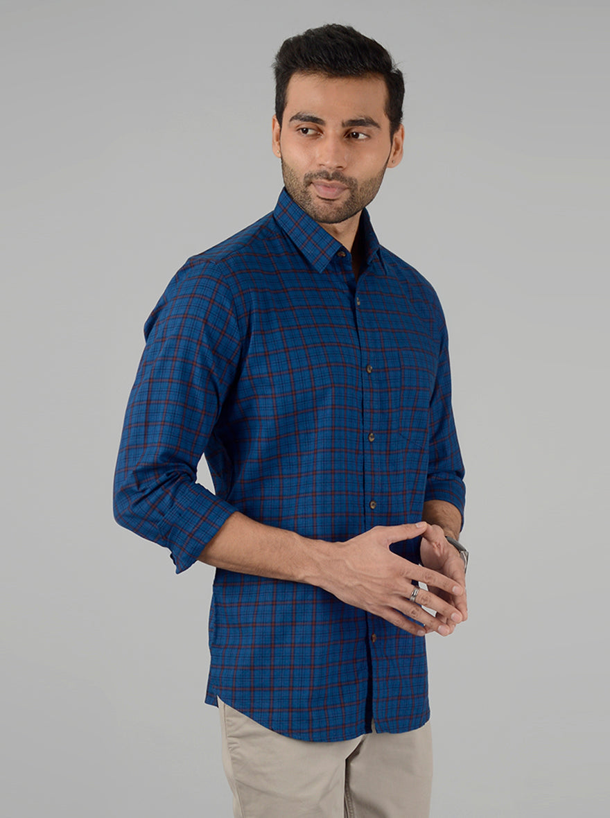 Prussian Blue Checked Slim Fit Casual Shirt | JB Sport