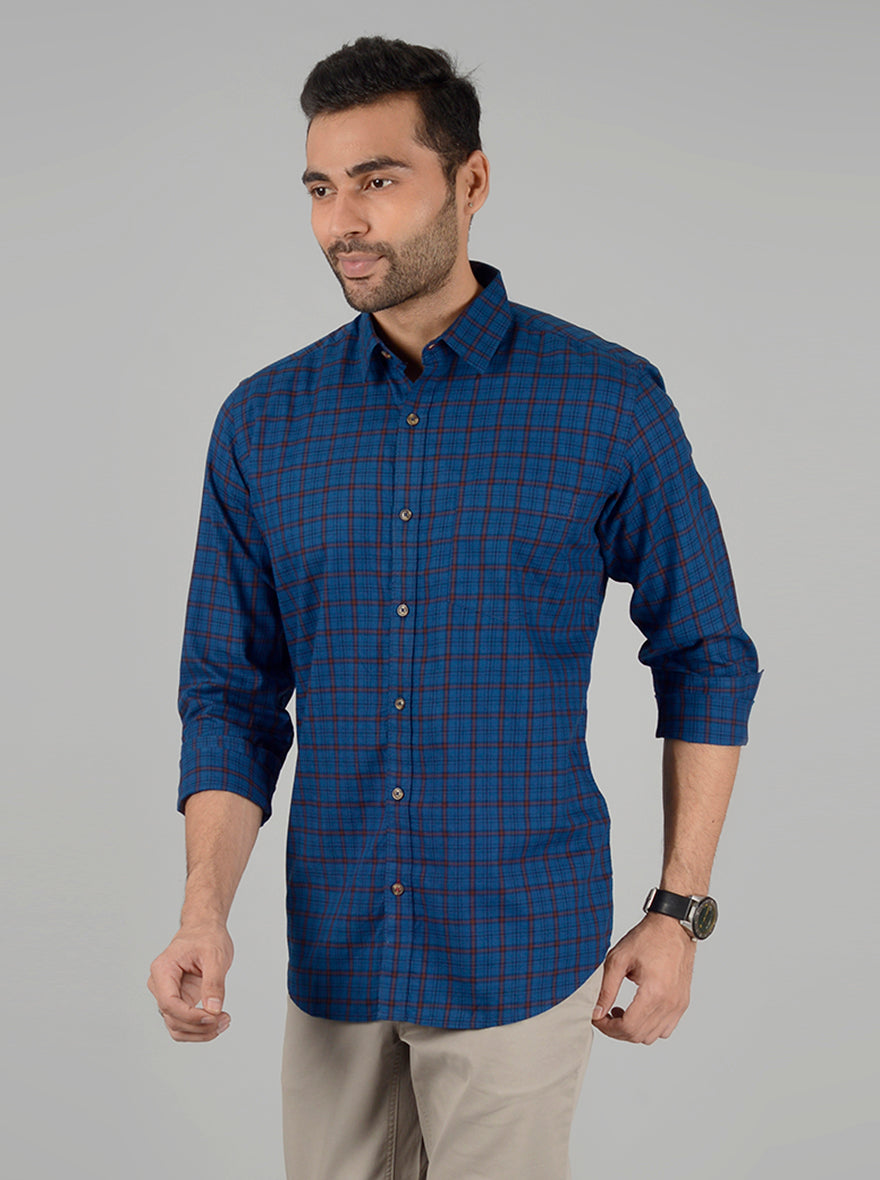 Prussian Blue Checked Slim Fit Casual Shirt | JB Sport