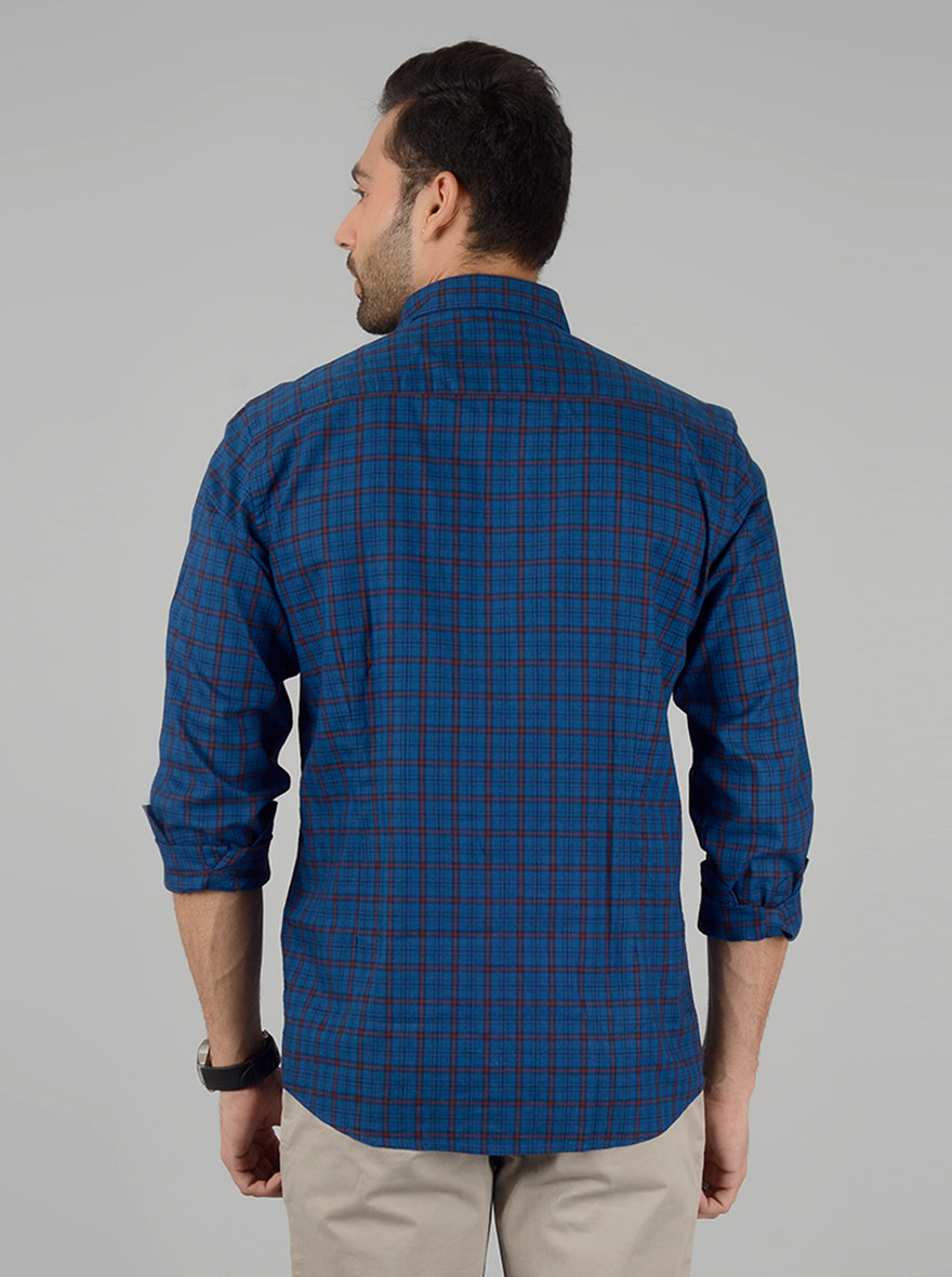 Prussian Blue Checked Slim Fit Casual Shirt | JB Sport