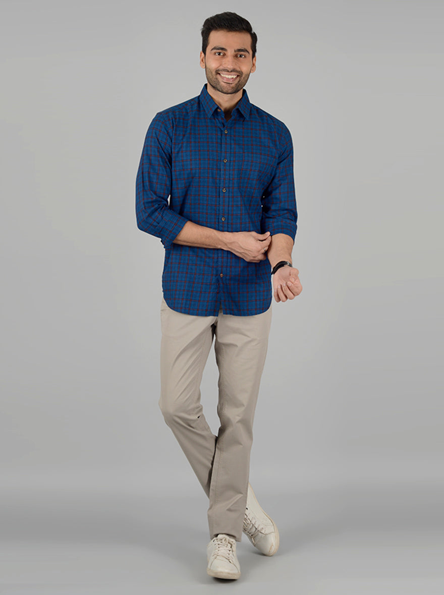 Prussian Blue Checked Slim Fit Casual Shirt | JB Sport