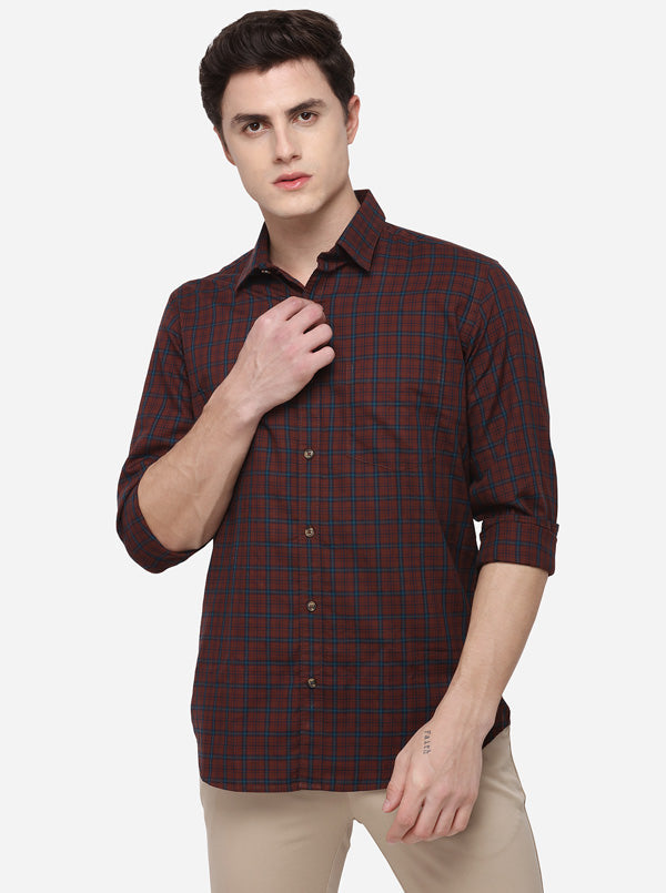 Maroon Tailored Fit Checked Casual Shirt | JB Sport