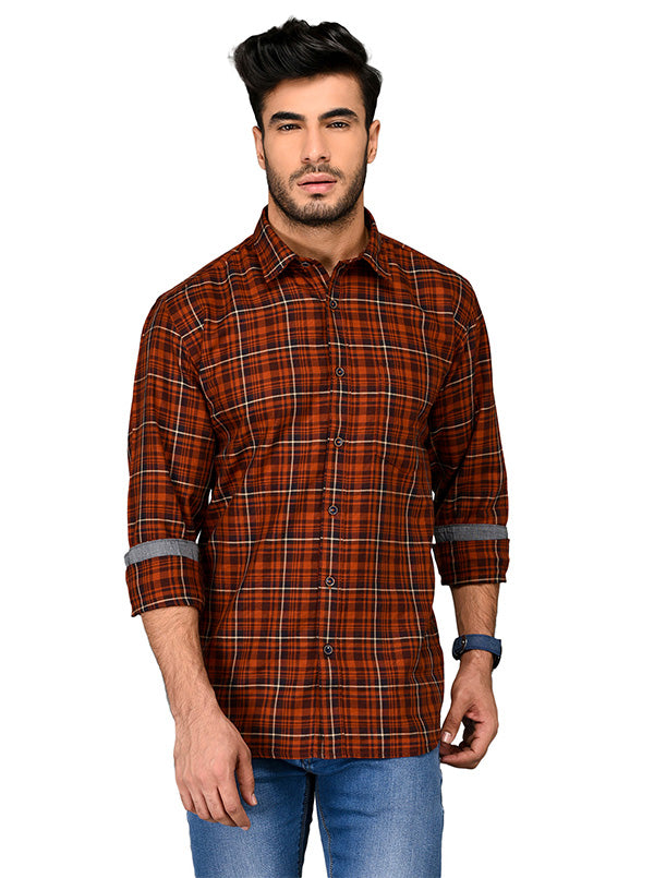 Rust Orange Checkered Slim Fit Casual Shirt | JB Sport