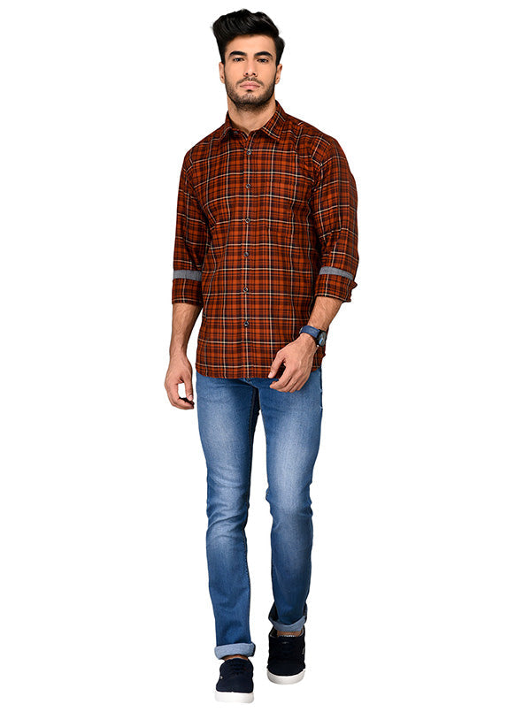 Rust Orange Checkered Slim Fit Casual Shirt | JB Sport