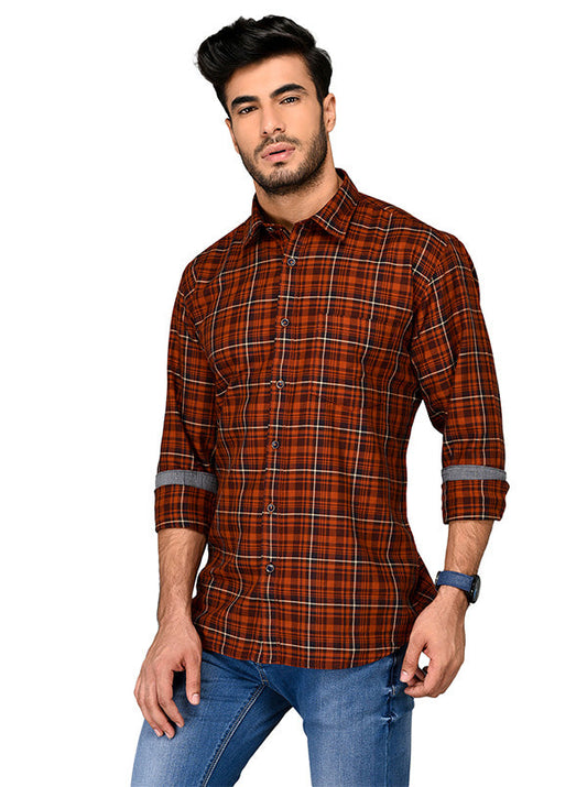 Rust Orange Checkered Slim Fit Casual Shirt | JB Sport