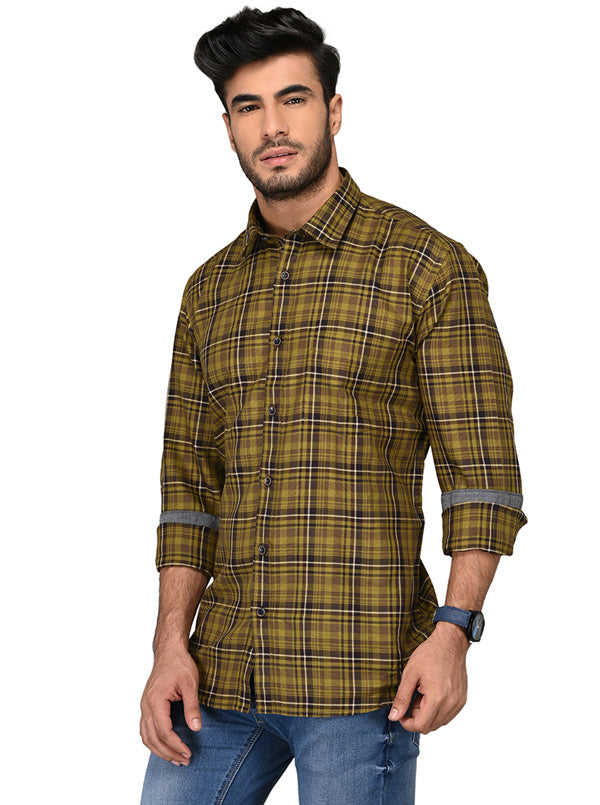 Olive Green & Brown Checked Slim Fit Casual Shirt | JB Sport