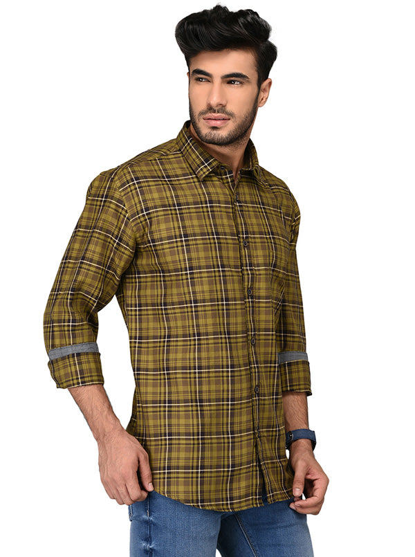 Olive Green & Brown Checked Slim Fit Casual Shirt | JB Sport