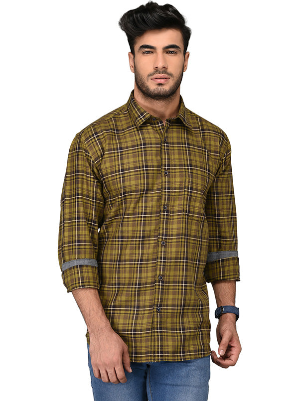 Olive Green & Brown Checked Slim Fit Casual Shirt | JB Sport